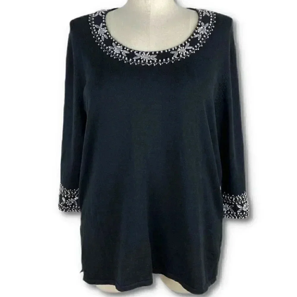 New Bob Mackie womens wearable art knit sweater size XL black beaded